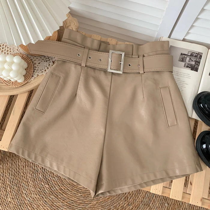 Faux Leather High Waist Belted Shorts Tan