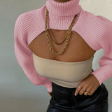 Knitted Crop Shrug Turtleneck Sweater Pink