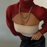 Knitted Crop Shrug Turtleneck Sweater Red