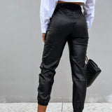 Faux Leather High Waist Cuffed Ankle Pants Black