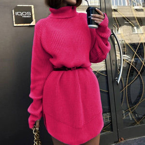 Turtleneck Loose Casual Sweater Dress Pink