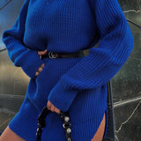 Turtleneck Loose Casual Sweater Dress Blue