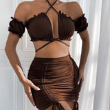 2-Piece Lace Sling Top and Mini Skirt Matching Set Brown