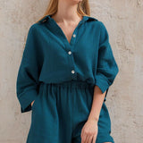 2-Piece Cotton Collar Shirt Shorts Set Blue Green
