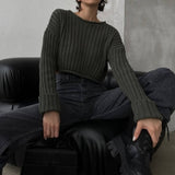 Ribbed Knit Crewneck Cotton Crop Sweater Olive