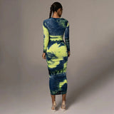 Long Sleeve Tie Dyed Bodycon Maxi Dress Green