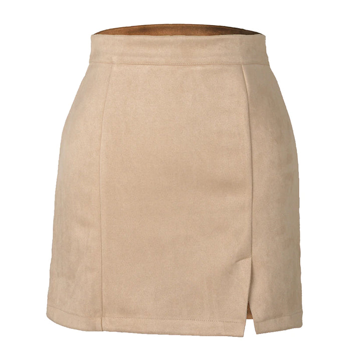 Suede Zipper A-Line Mini Skirt Beige