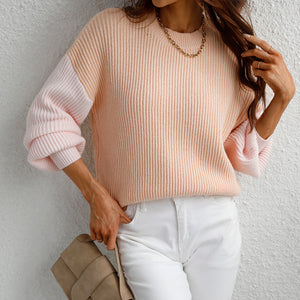 Knitted Pullover Two Tone Sweater Pink