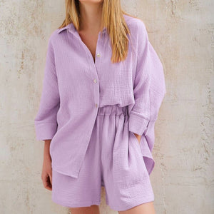 2-Piece Cotton Collar Shirt Shorts Set Purple