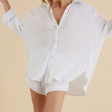 2-Piece Cotton Collar Shirt Shorts Set White