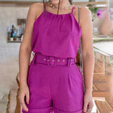 2-Piece Sleeveless Solid Color Backless Shorts Matching Set Purple