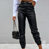 Faux Leather High Waist Cuffed Ankle Pants Black