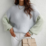 Knitted Pullover Two Tone Sweater Gray