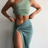 2-Piece Ruched Crop Top and High Slit Midi Skirt Matching Set Green