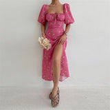 Floral Print Short Sleeve Off Shoulder Boho Slit Midi Dress Pink Floral