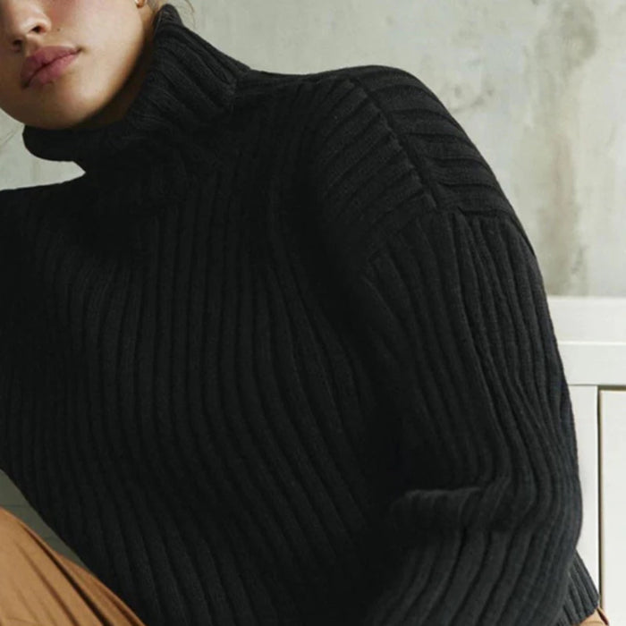 Knitted Cotton Turtleneck Crop Sweater Black