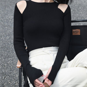 Cut Out Shoulder Long Sleeve Crop Sweater Black