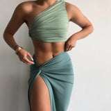 2-Piece Ruched Crop Top and High Slit Midi Skirt Matching Set Green