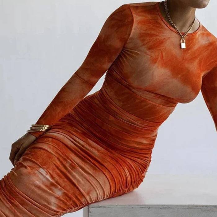 Long Sleeve Tie Dyed Bodycon Maxi Dress Orange