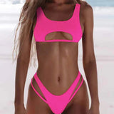 2-Piece Hollow Out Strappy Bikini Neon Pink