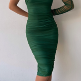 One Shoulder Long Sleeve Mesh Midi Dress Green