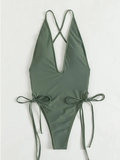 1-Piece Lace Up High Cut Swimsuit Green