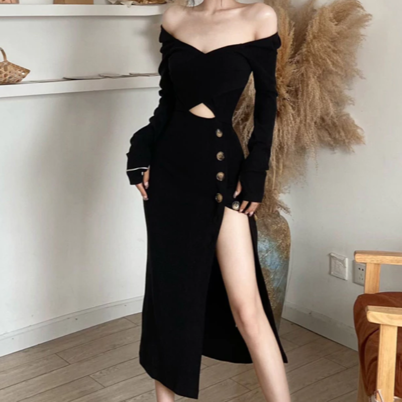 Simple Black Knit Long Sleeve Side Split Midi Dress