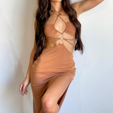 Cut Out Lace Up High Slit Maxi Dress Brown