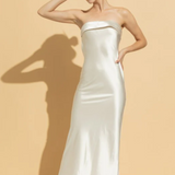 Strapless Scrunched Back Strap Satin Maxi Dress White
