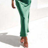 Strapless Scrunched Back Strap Satin Maxi Dress Green