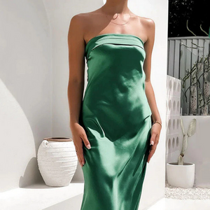 Strapless Scrunched Back Strap Satin Maxi Dress Green