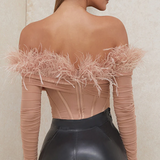 Feather Off Shoulder Long Sleeve Bodysuit Pink