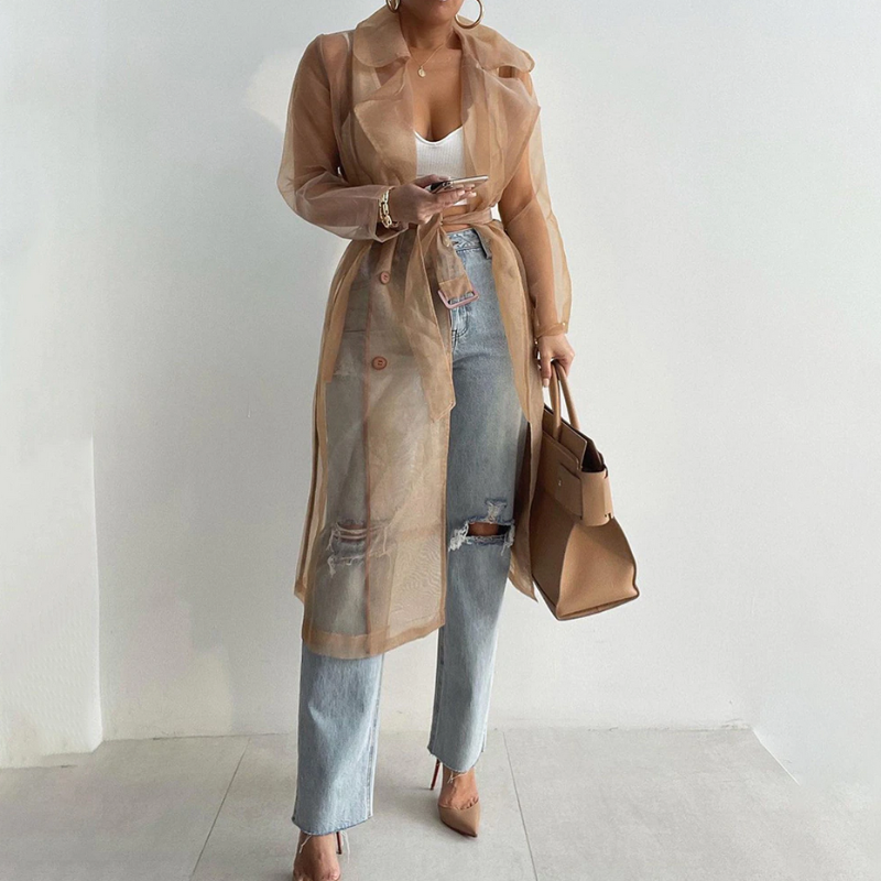 Sheer Mesh Peacoat With Belt Sheer Mesh Peacoat With Belt