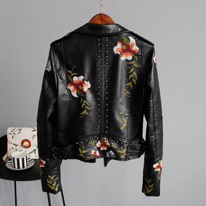 Faux Leather Floral Embroidery Biker Jacket Black