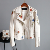 Faux Leather Floral Embroidery Biker Jacket White