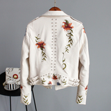 Faux Leather Floral Embroidery Biker Jacket White