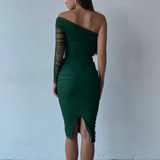One Shoulder Long Sleeve Mesh Midi Dress Green