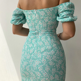 Floral Print Short Sleeve Off Shoulder Boho Slit Midi Dress Green