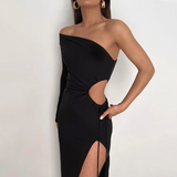 One Shoulder Cut Out Slit Maxi Dress Black