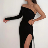 One Shoulder Cut Out Slit Maxi Dress Black