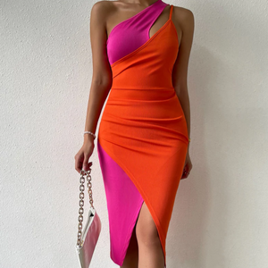 Colorblock Cutout One Shoulder Midi Dress Pink/Orange
