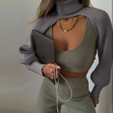 Knitted Crop Shrug Turtleneck Sweater Grey