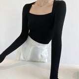 Long Sleeve Square Neck Top Black