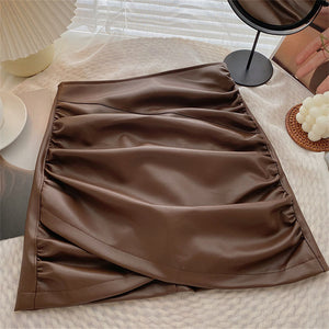 Faux Leather Ruffle Mini Skirt Brown