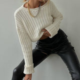 Ribbed Knit Crewneck Cotton Crop Sweater White
