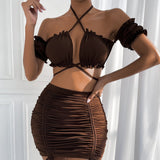 2-Piece Lace Sling Top and Mini Skirt Matching Set Brown
