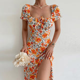 Floral Print Short Sleeve Off Shoulder Boho Slit Midi Dress Orange