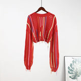 Vintage Fringed Tassel Crop Sweater Red