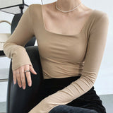 Long Sleeve Square Neck Shirt Brown