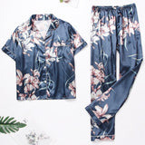 2-Piece Satin Short Sleeve Pants Sleepwear Set Navy Floral